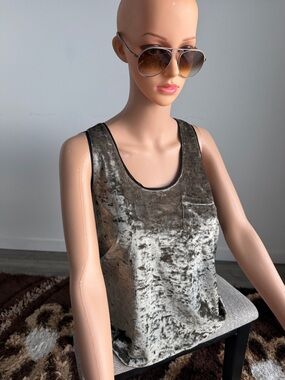 Y2k Vintage Crushed Velvet Scoop Tank Top - Silver Gray